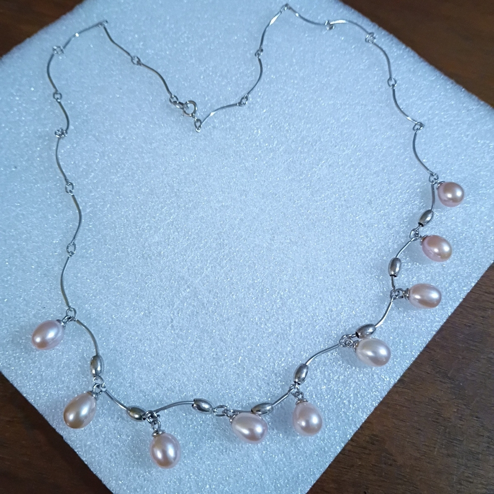 Sterling Silver Dangle Scalloped Pink Pearl Necklace 7mm And 18 Inches